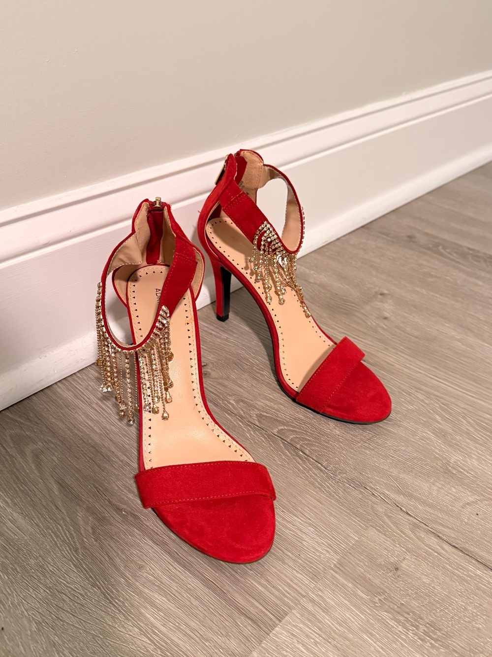 Adrienne Vittadini Red Suede Heels with Gold Fringe Ankle Strap Elegant Sandals